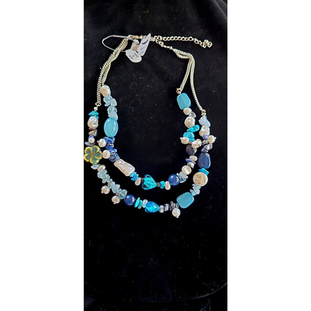 Free People Layered Blue Beaded Statement Necklace NWT
